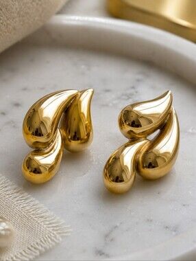 18K Gold Plated Stainless Steel Molten Teardrop Drop Earrings Sculptural 1.2"
